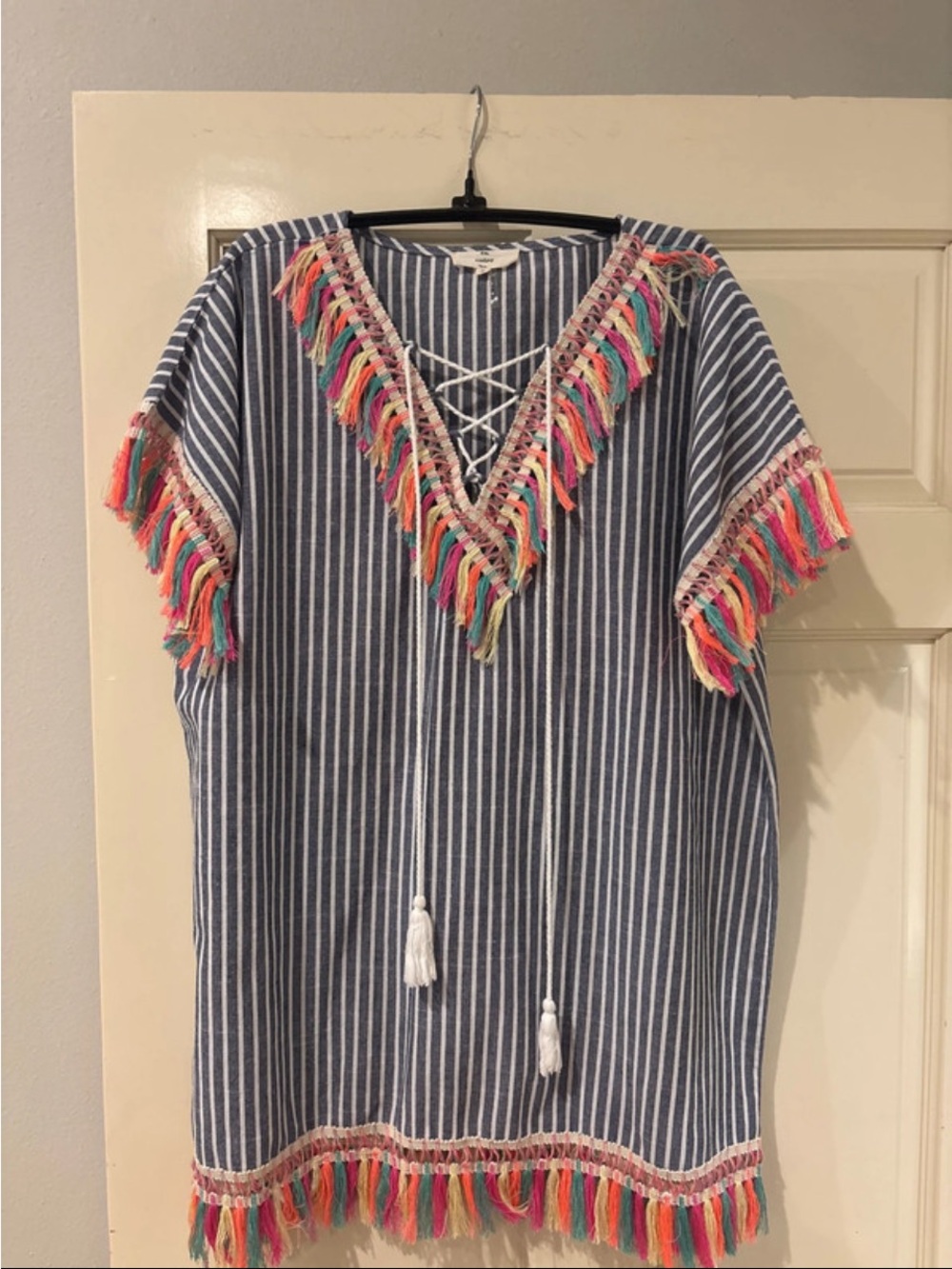 entro Navy and White Striped Tunic with Multicolor Tassel Trim
